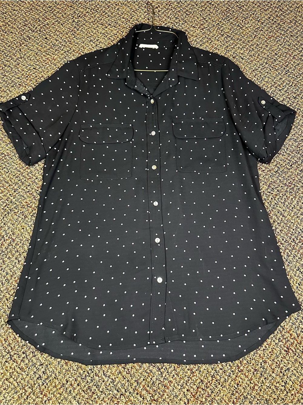 lovestitch Black Button-Up Short Sleeve Blouse with White Polka Dots